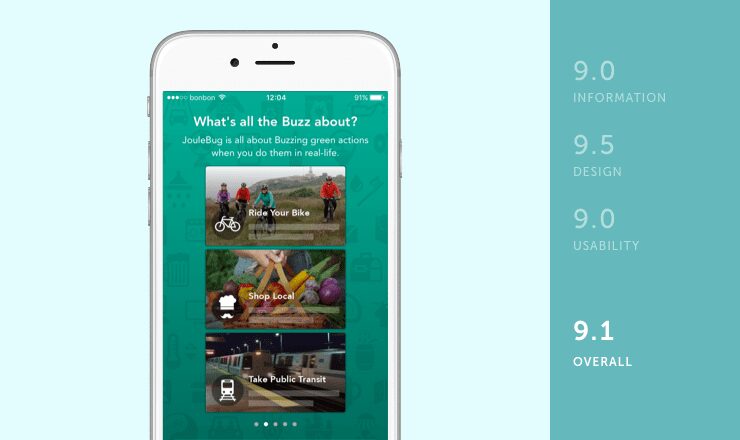 JouleBug mobile app rated by information, design and usability on behalf of Shoutem team for review of environmental apps