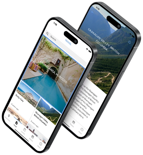 Two smartphones displaying travel apps created with Shoutem.