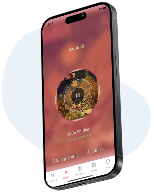 Smartphone using Radio+ app feature to listen to any live radio station.